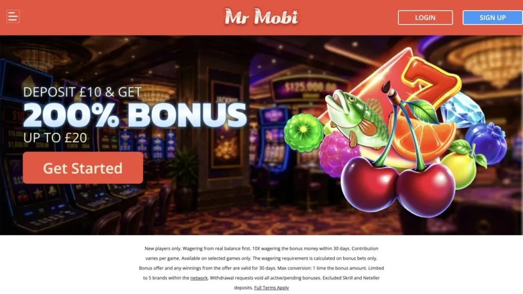 Mr Mobi live casino homepage and current welcome offer