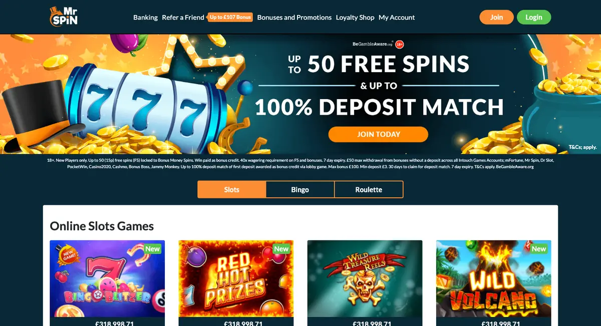 Mr Spin homepage screenshot (archived) - closed to UK players 2024