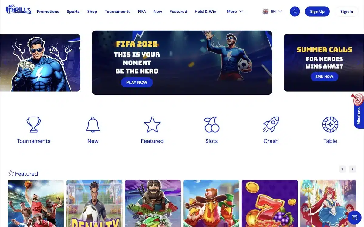 Mr Thrills Casino homepage showing promotions and games
