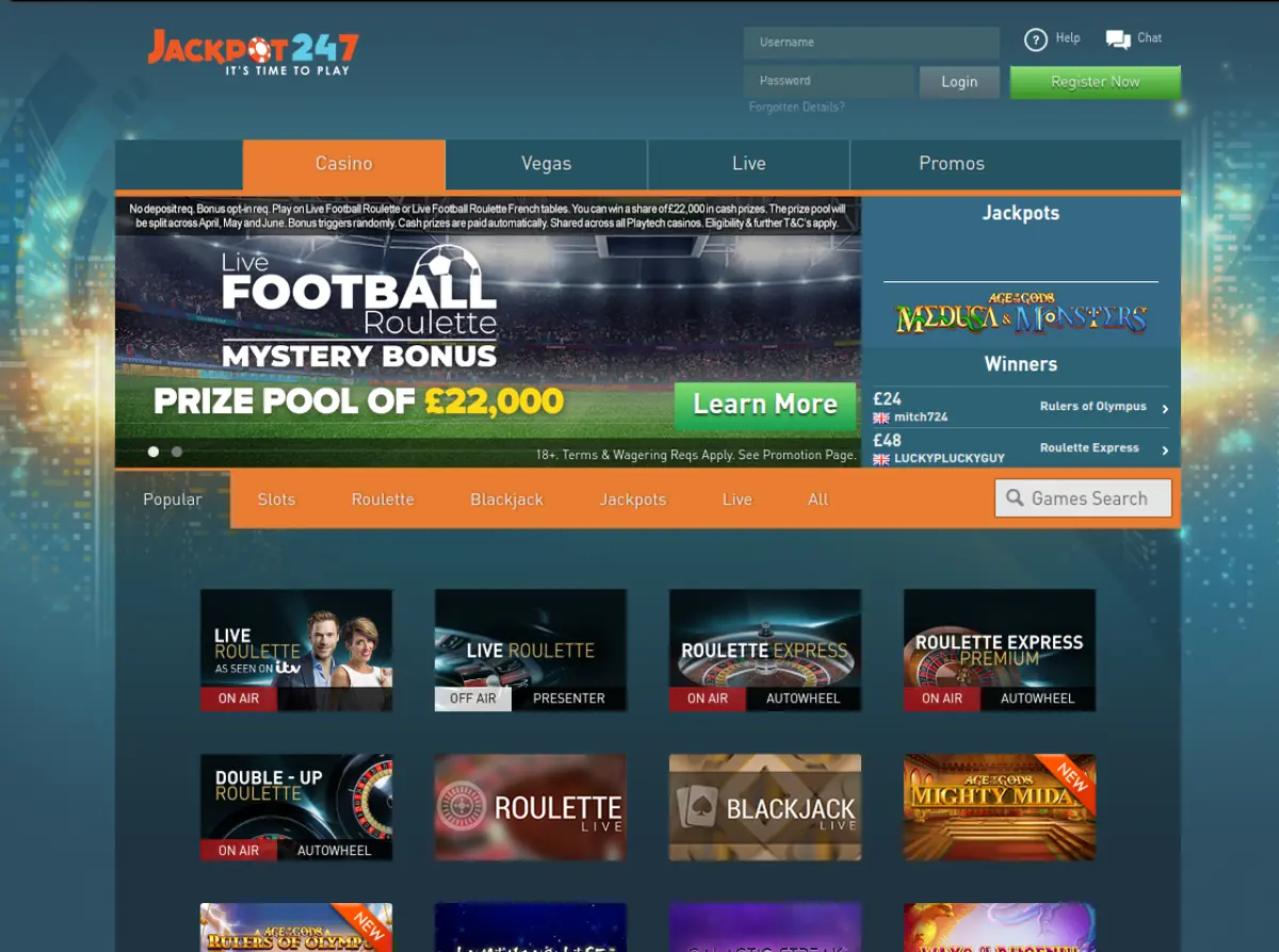 Jackpot247 homepage archived screenshot – Netplay Malta’s flagship brand as it looked in 2019