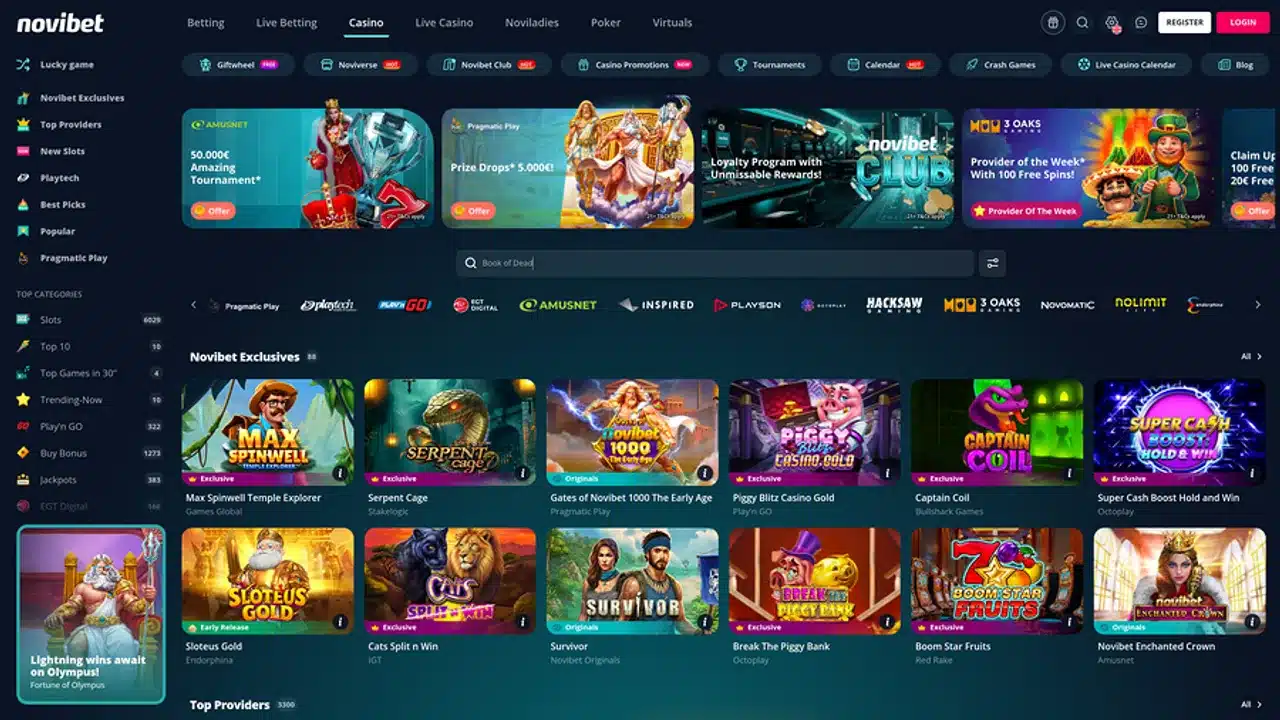 Novibet casino lobby showing game categories, providers and featured slots
