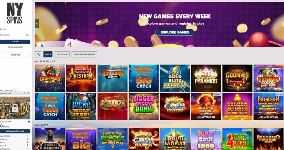 NY Spins UK homepage showing the casino lobby and rewards navigation