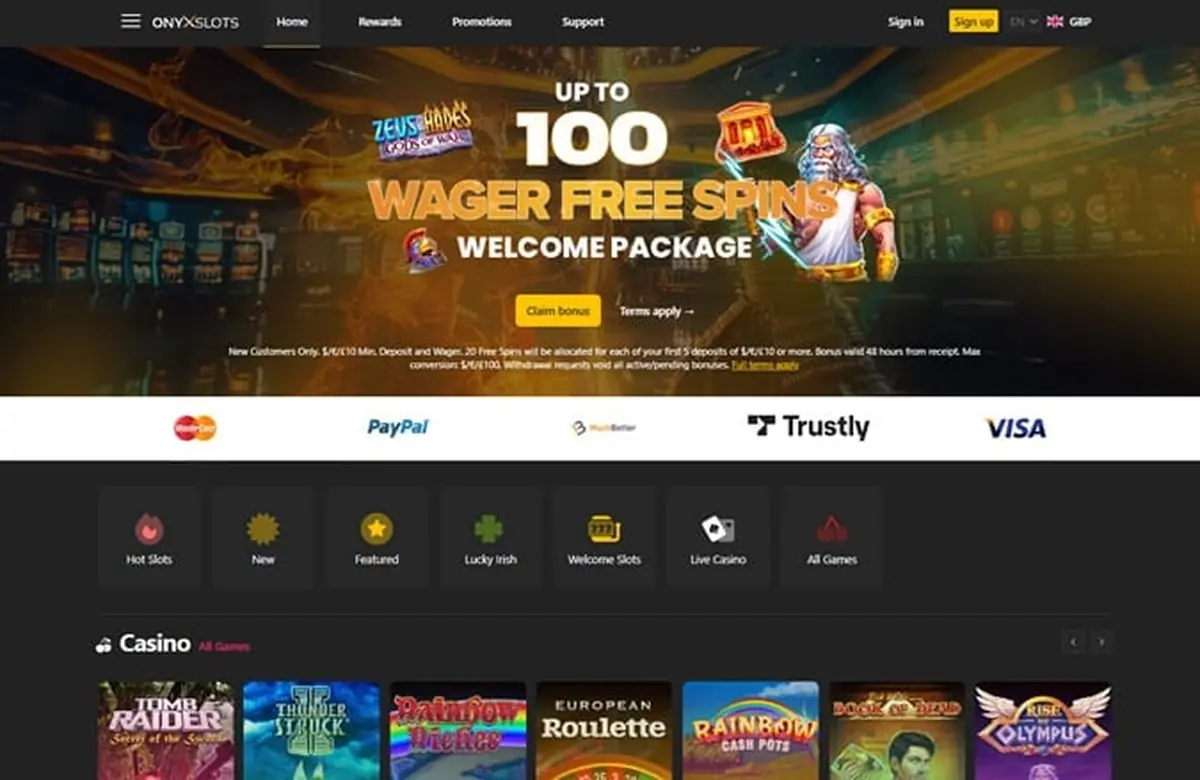 Onyx Slots homepage screenshot – archival shot from when the casino still traded
