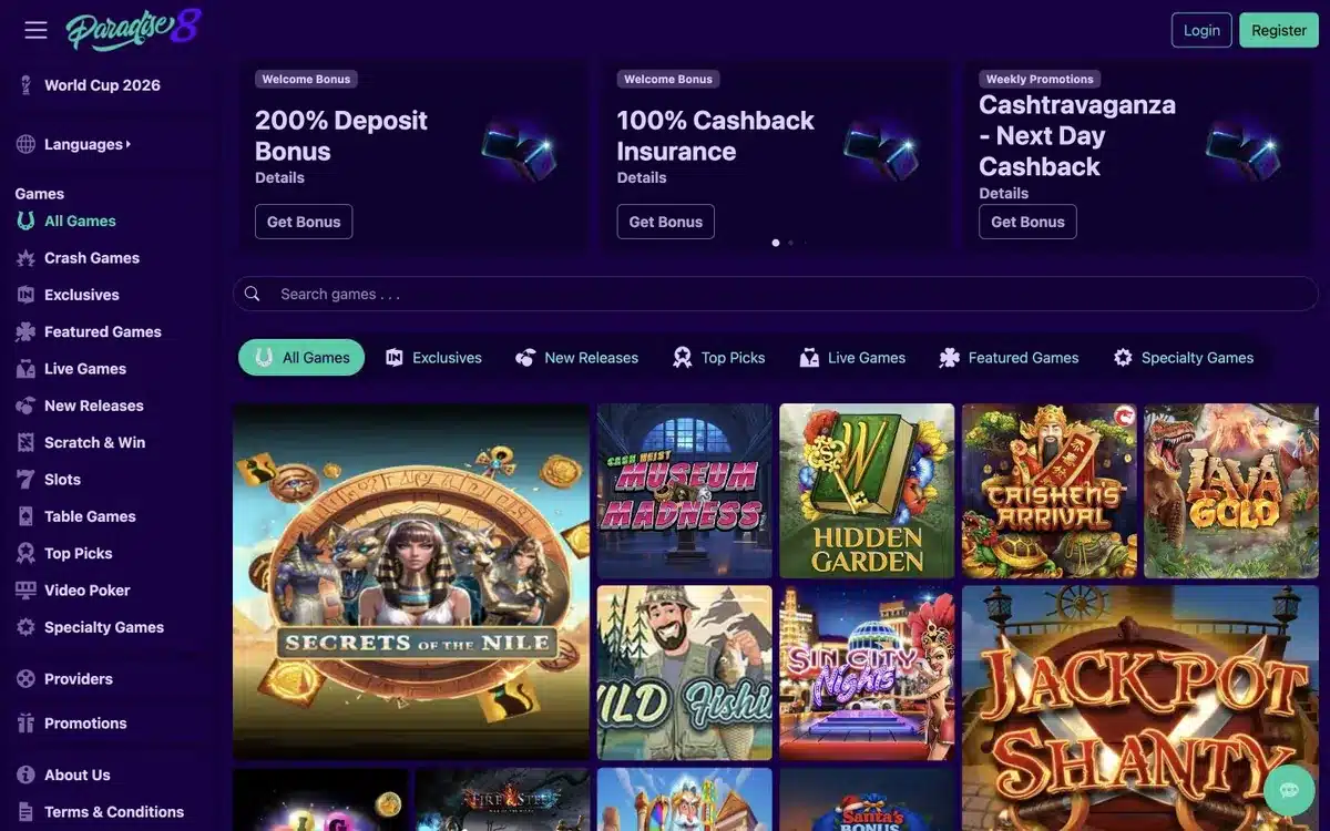 Paradise 8 casino homepage showing promotions and games