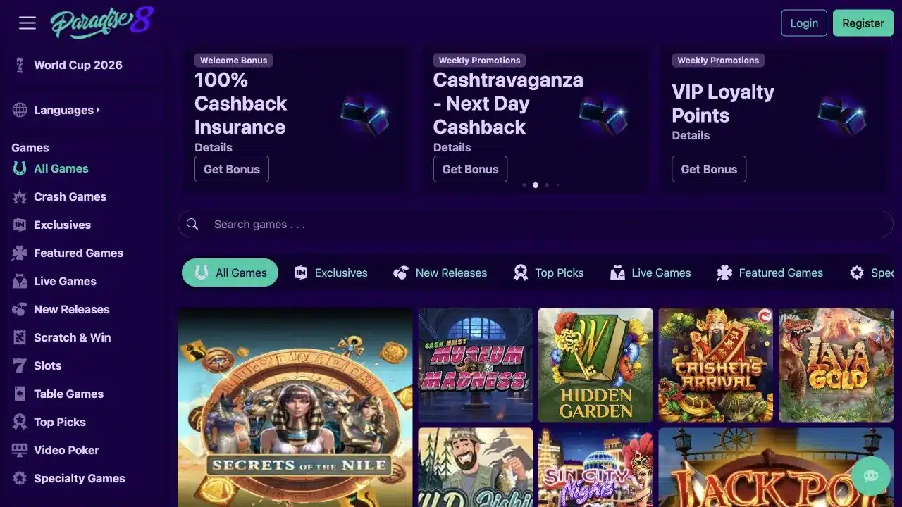 Paradise 8 Casino homepage showing the current shared casino platform