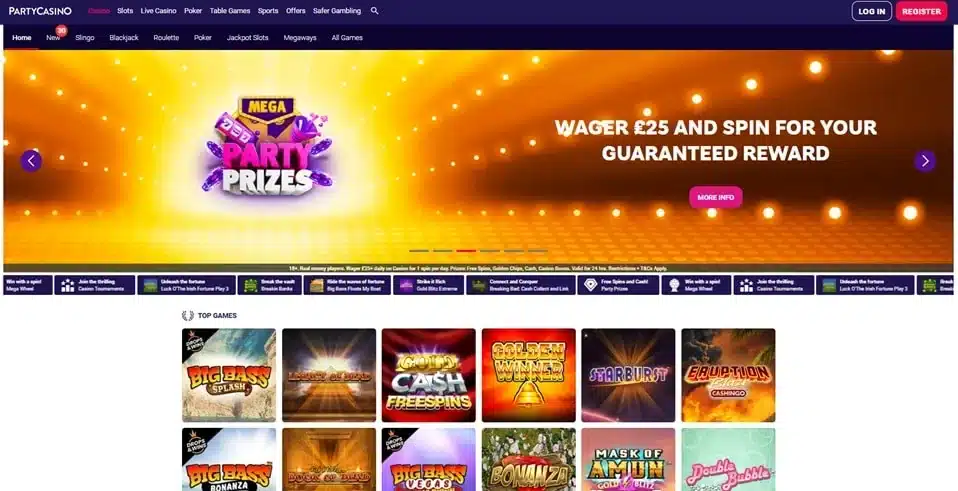 Party Casino UK homepage showing the current casino lobby