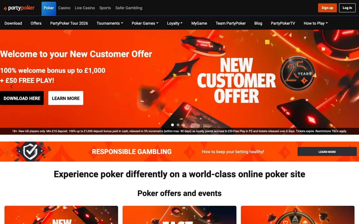 PartyPoker homepage screenshot – July 2026