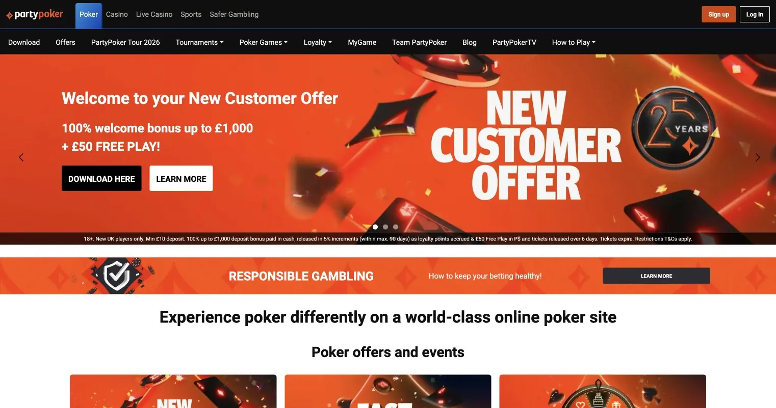 PartyPoker UK homepage showing the current welcome offer and poker navigation