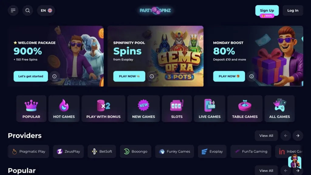 Party Spinz casino homepage and current 900 percent welcome package