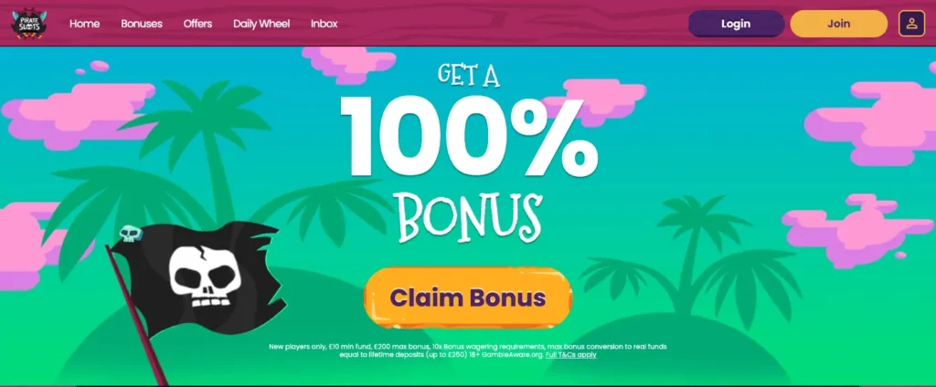 Pirate Slots homepage showing the current 100 percent bonus and pirate casino design