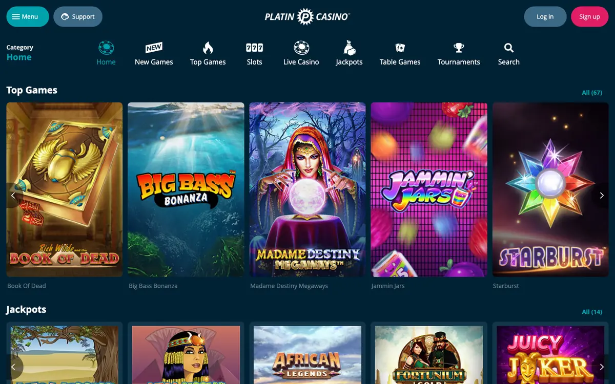 Platin Casino homepage screenshot &ndash; July 2026