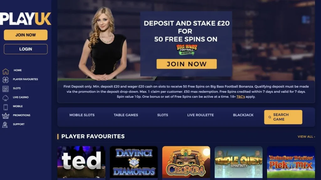 Play UK casino homepage and current free-spins promotion