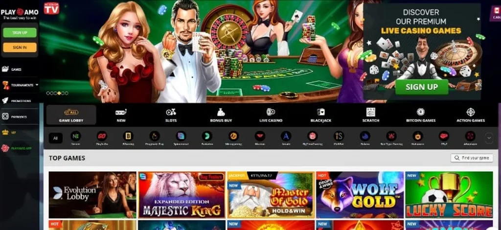 PlayAmo casino homepage and game lobby