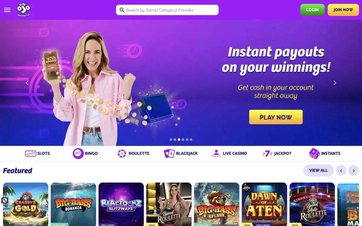 PlayOJO homepage screenshot