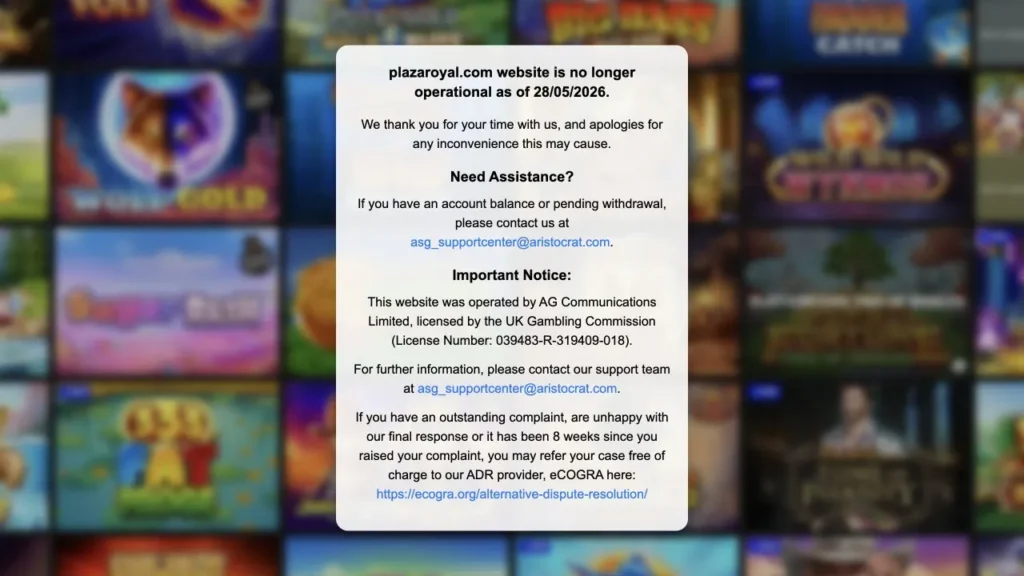 Official Plaza Royal casino closure notice