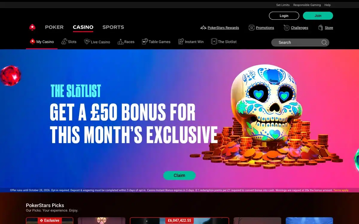 PokerStars Casino UK homepage showing its current casino lobby