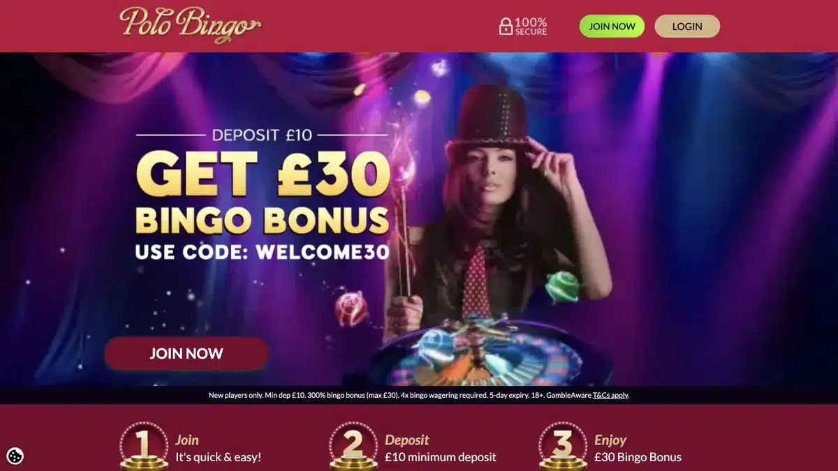 Polo Bingo homepage showing the current £30 bingo bonus