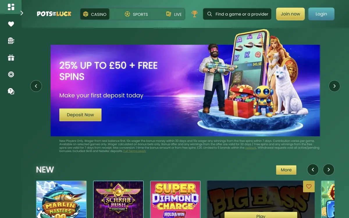 Pots of Luck homepage showing its green casino lobby and current welcome offer