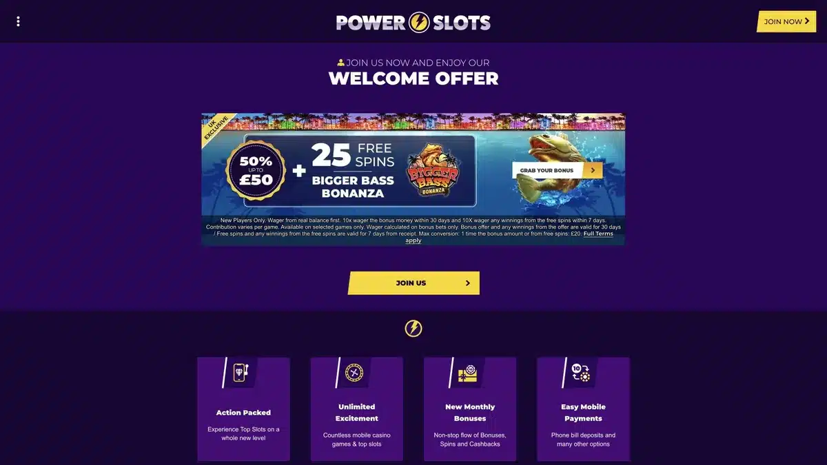 Power Slots Casino homepage and current welcome offer