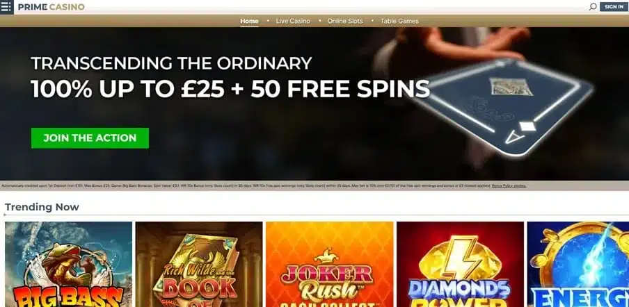 Prime Casino homepage screenshot
