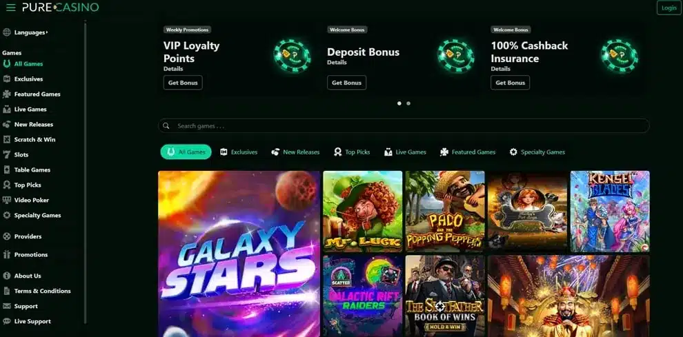 Pure Casino homepage screenshot