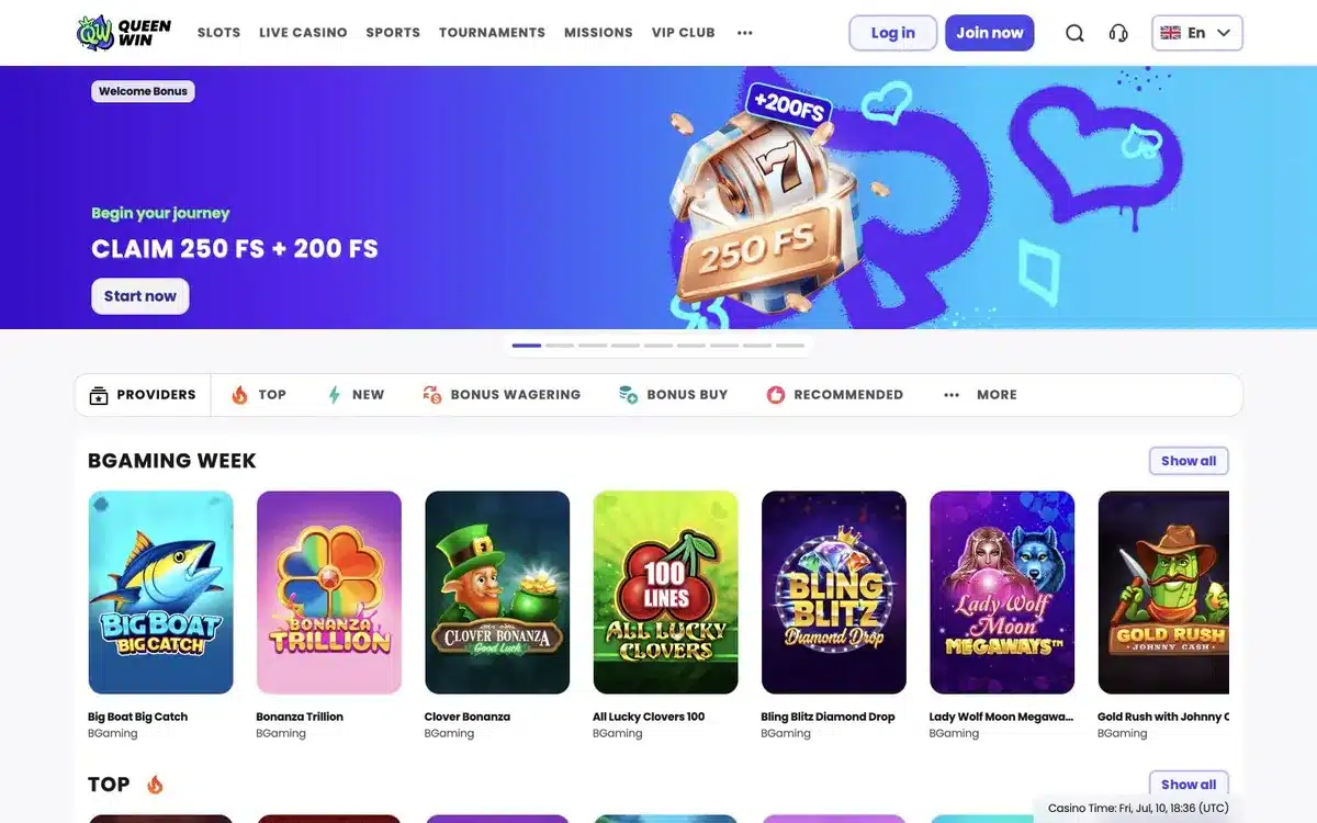 Queenwin Casino homepage screenshot – July 2026