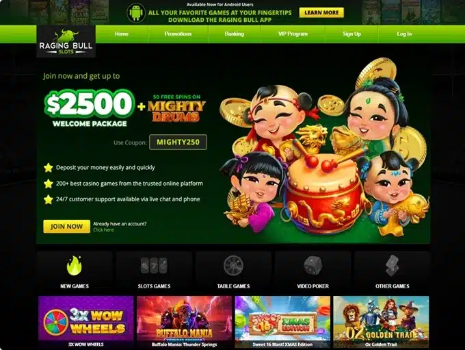 Raging Bull Slots homepage showing the casino welcome package