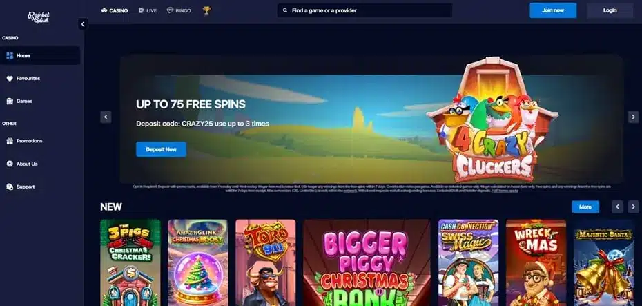 Rainbet Splash casino homepage and games lobby