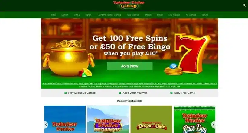 Rainbow Riches Casino homepage screenshot – July 2026