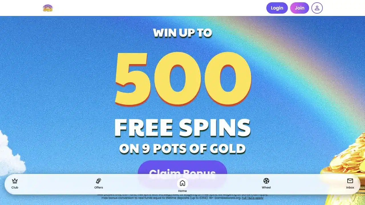 Rainbow Spins homepage showing the current 500 free spins welcome offer