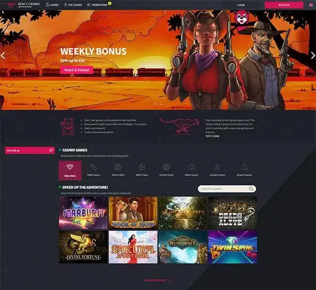 React Casino homepage screenshot – July 2026