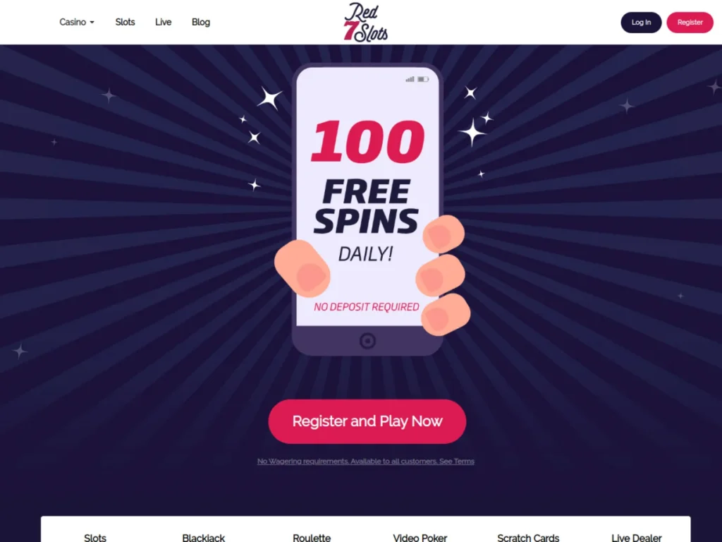 Red 7 Slots historical homepage showing the 100 daily free spins promotion