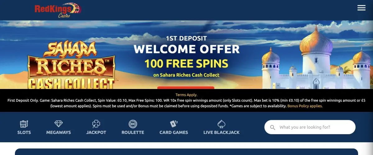 Red Kings Casino homepage showing the current UK welcome offer and game categories
