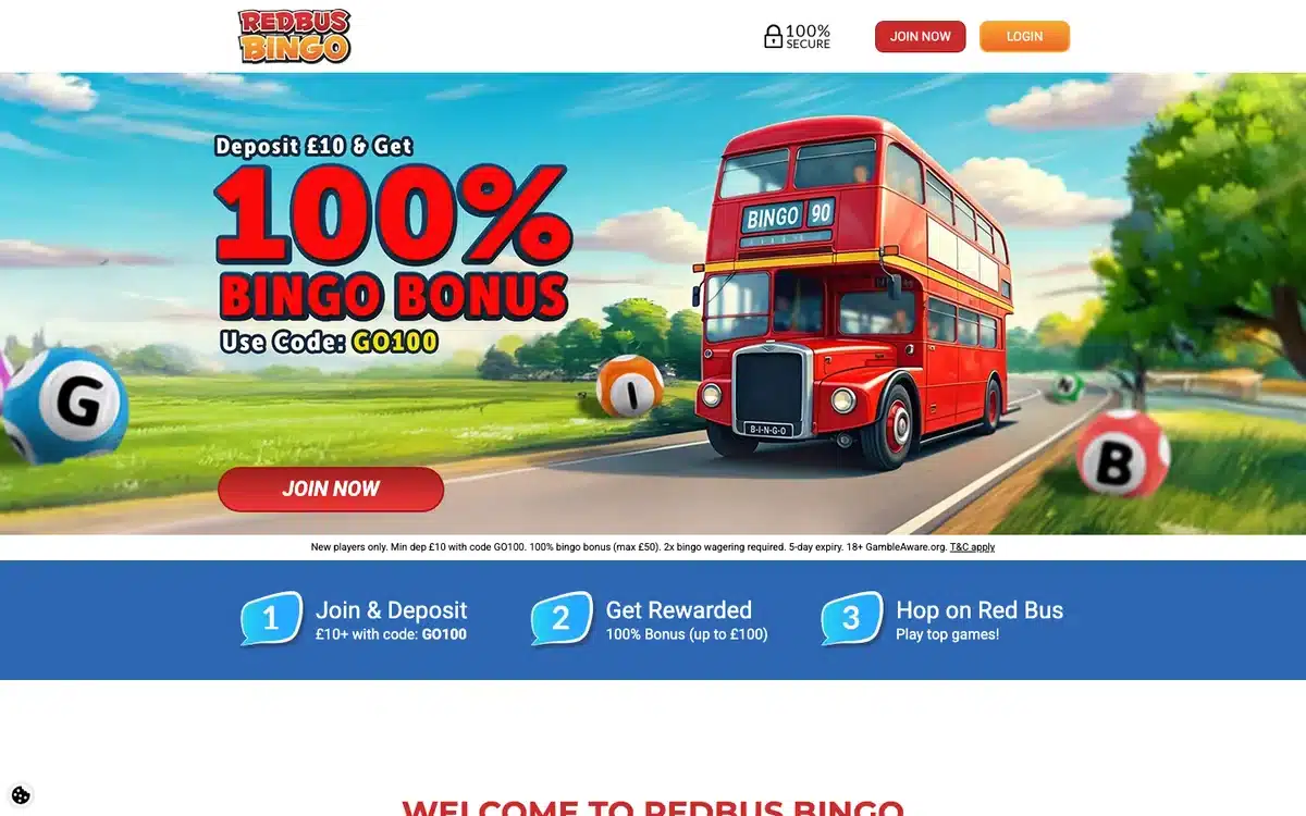 Redbus Bingo homepage showing its current bingo welcome offer