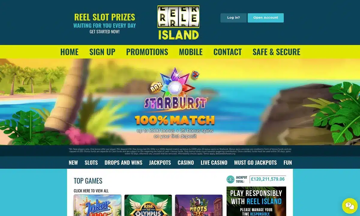 Reel Island casino homepage before closure