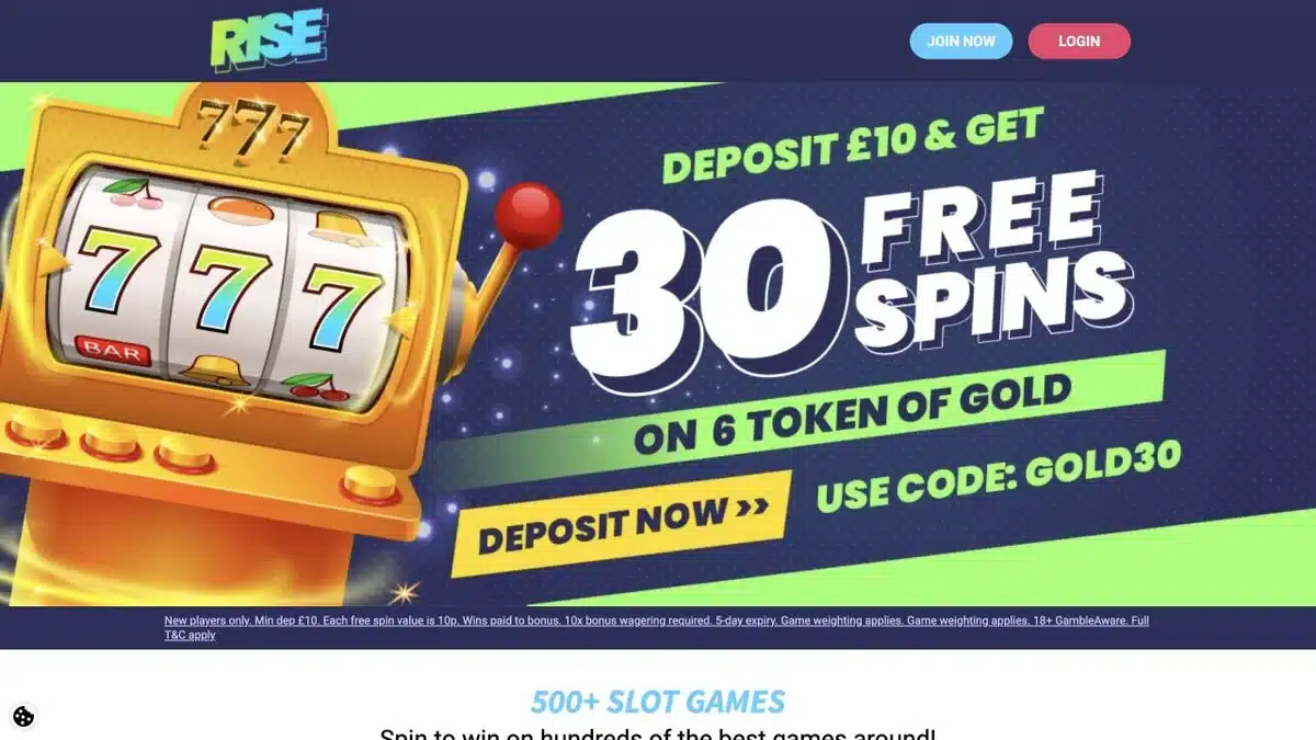 Rise Casino homepage showing the current 30 free spins welcome offer