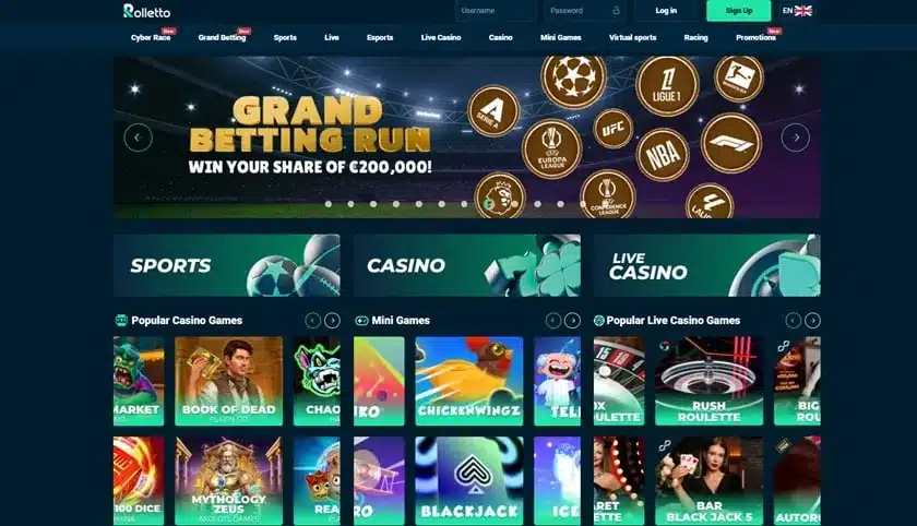Rolletto Casino homepage screenshot