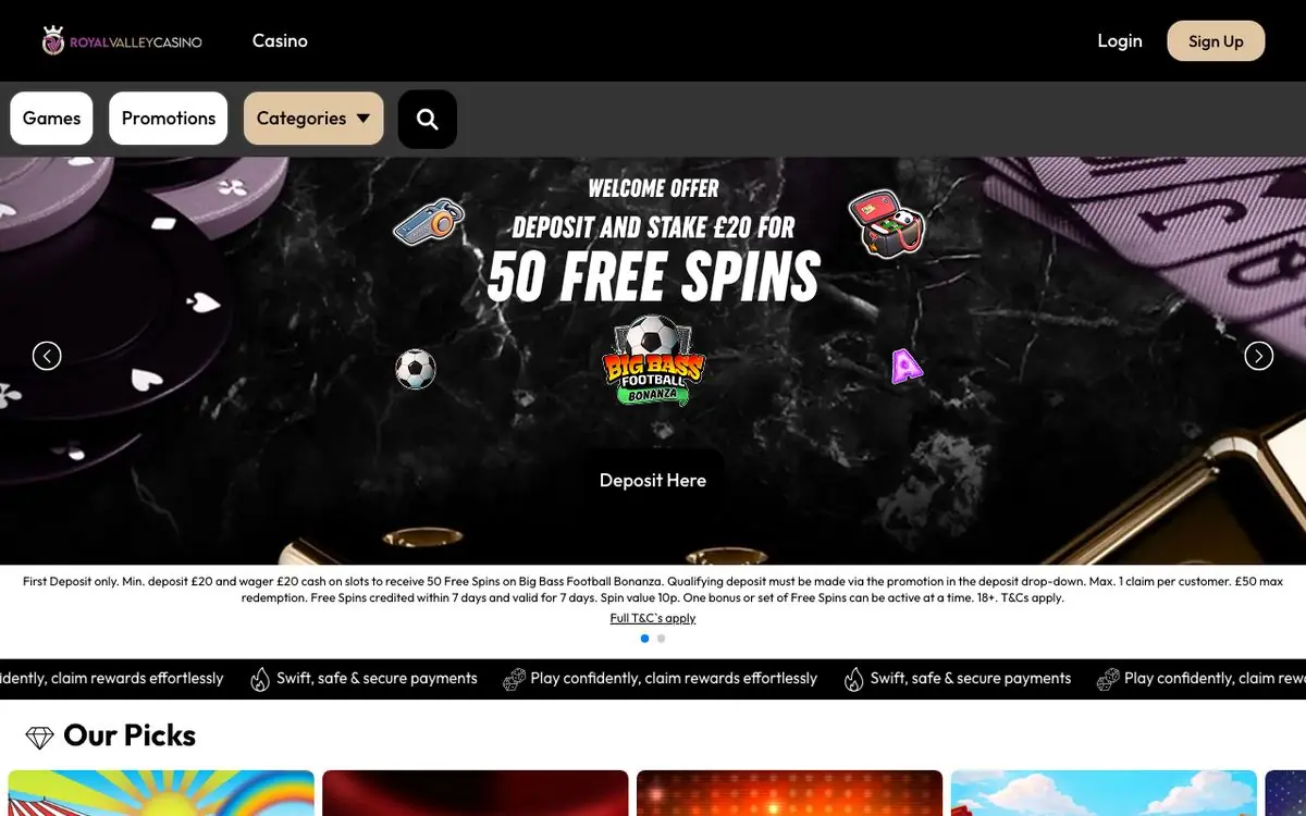 Royal Valley Casino homepage screenshot – July 2026