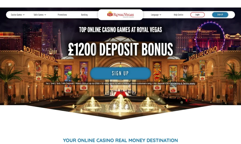 Royal Vegas Casino homepage showing the current game lobby and promotion