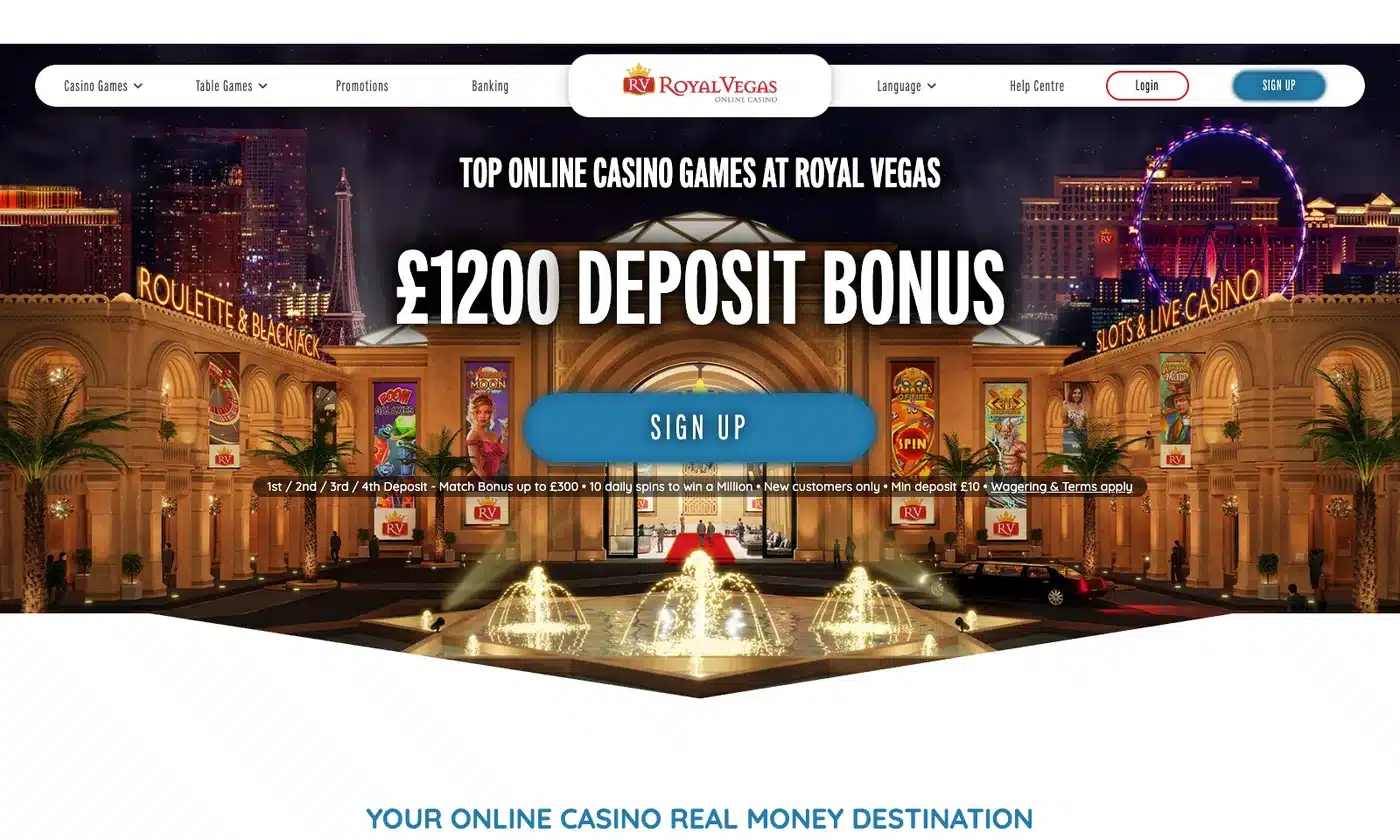 Royal Vegas’ historical casino-resort homepage.