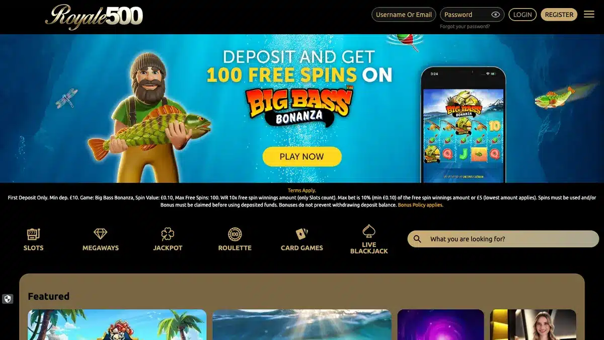 Royale500 homepage showing its 100 free spins welcome offer