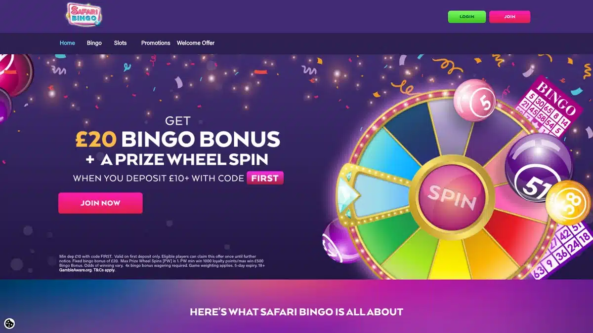 Safari Bingo homepage showing the current £20 bingo bonus and prize wheel