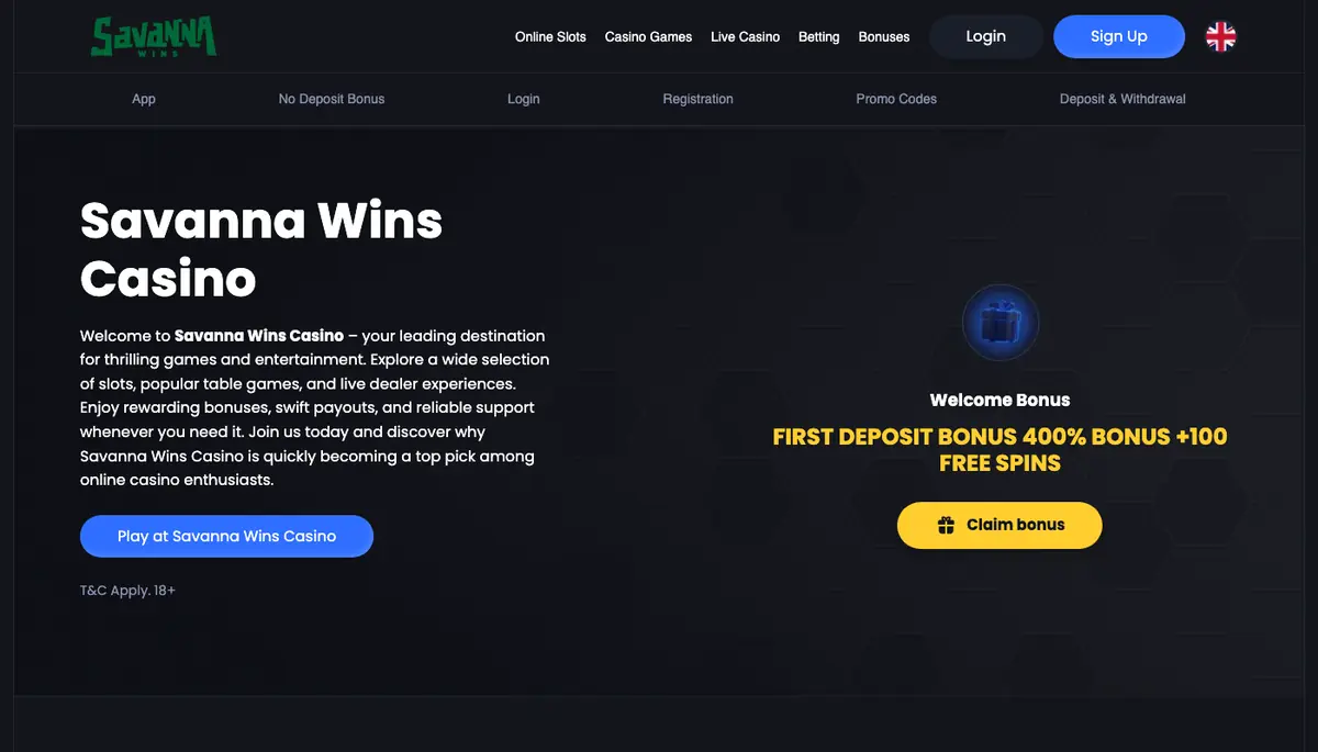 Savanna Wins homepage screenshot – July 2026