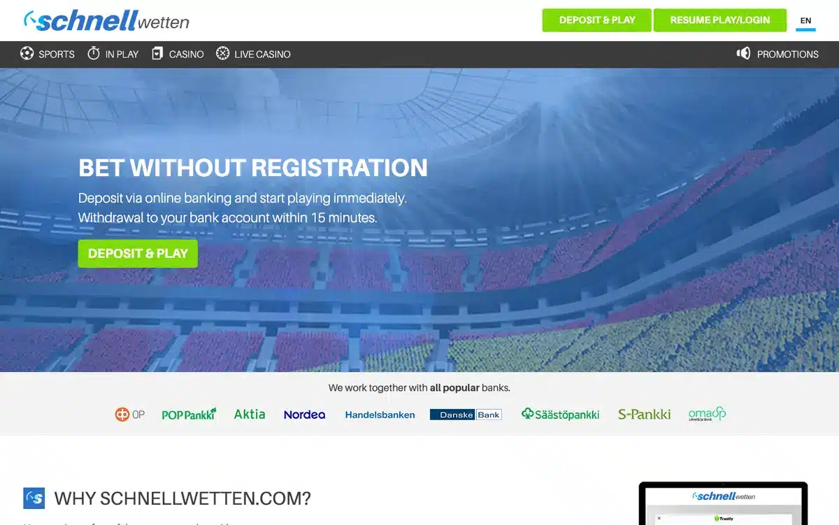 Schnell Wetten homepage with Finnish pay-and-play banking options