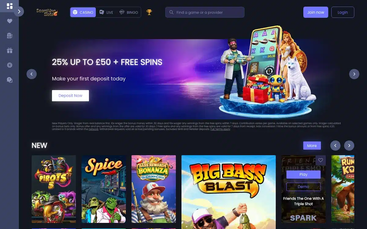 Scorching Slots homepage showing the live casino lobby