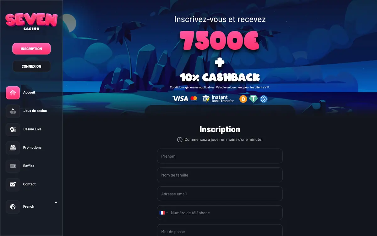 Seven Casino homepage screenshot – archived, July 2026