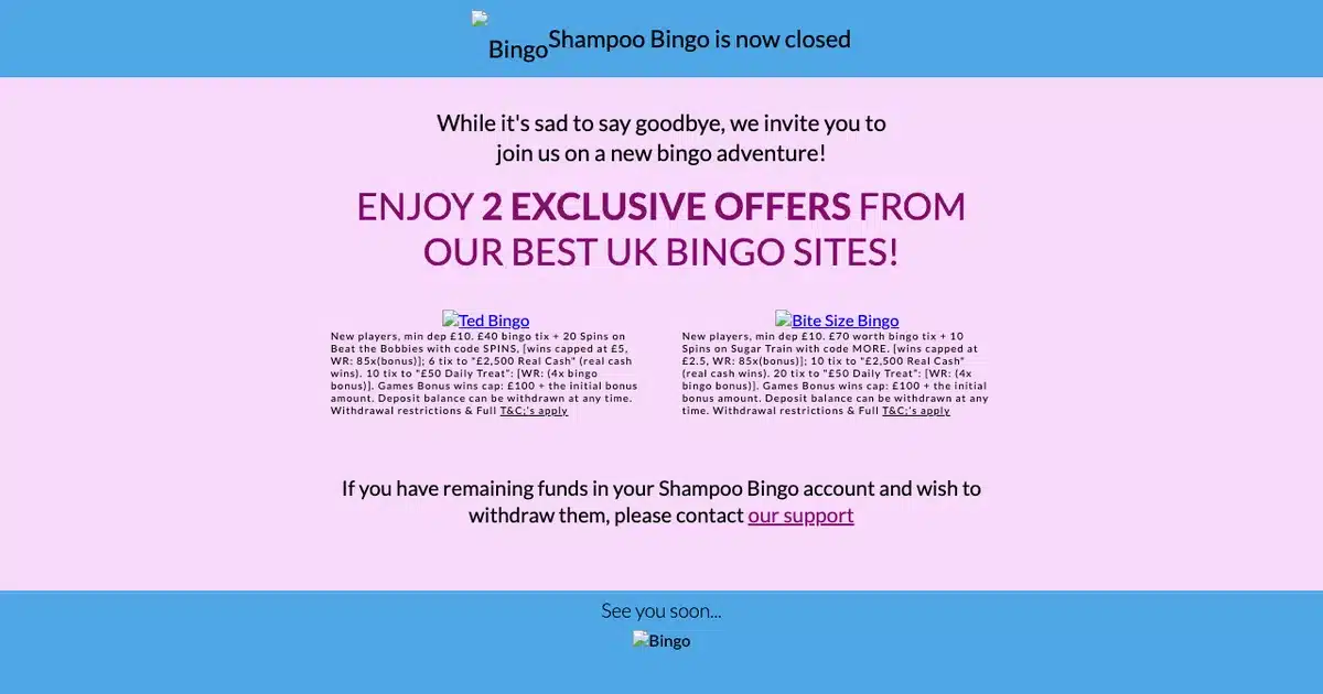 Shampoo Bingo closure notice archived 11 December 2019
