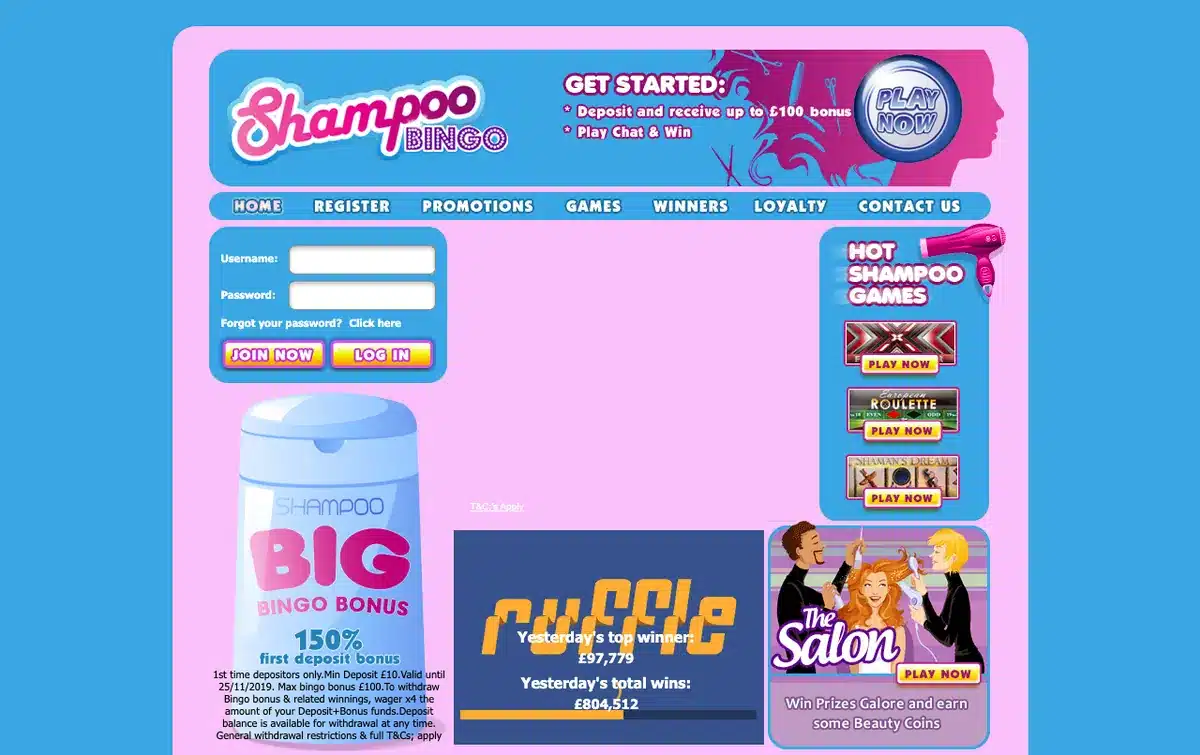 Shampoo Bingo homepage screenshot – July 2026