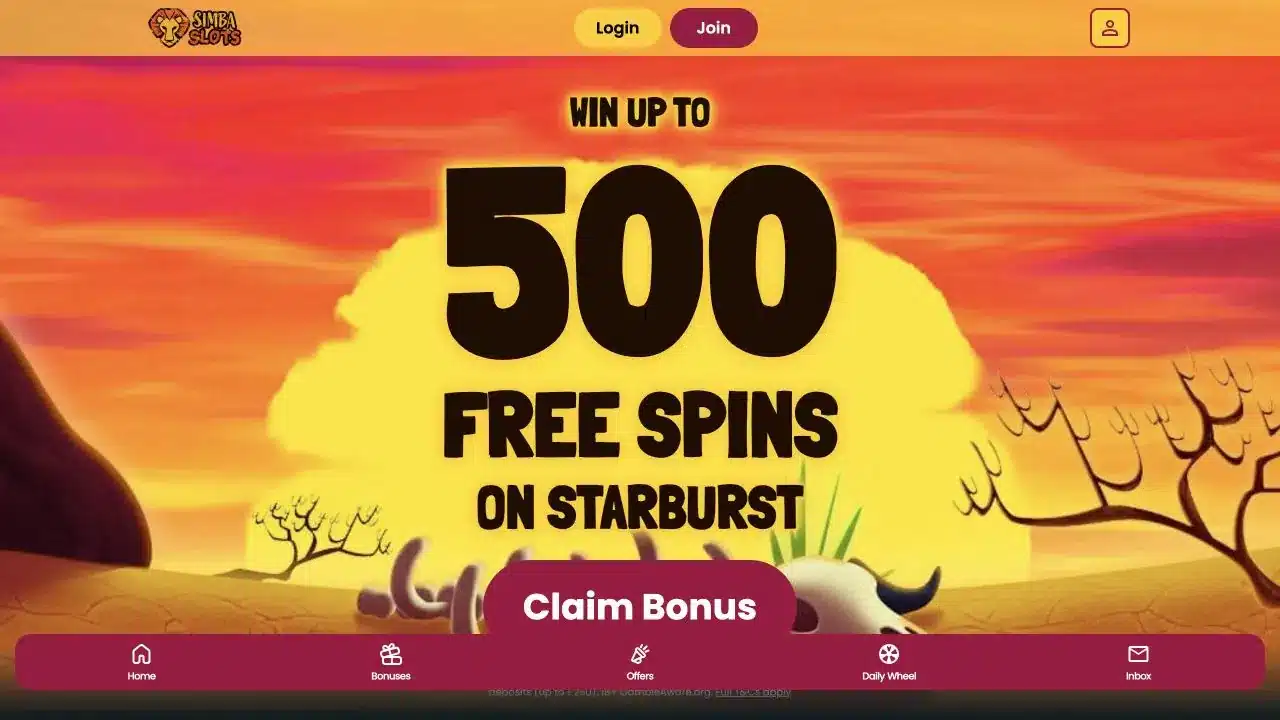 Simba Slots homepage showing the current Safari Chest welcome offer