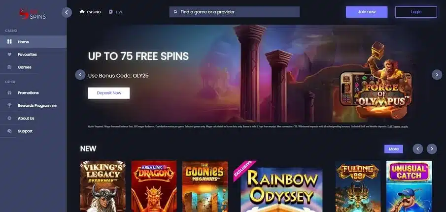 Sin Spins casino homepage with free spins offer and slots lobby